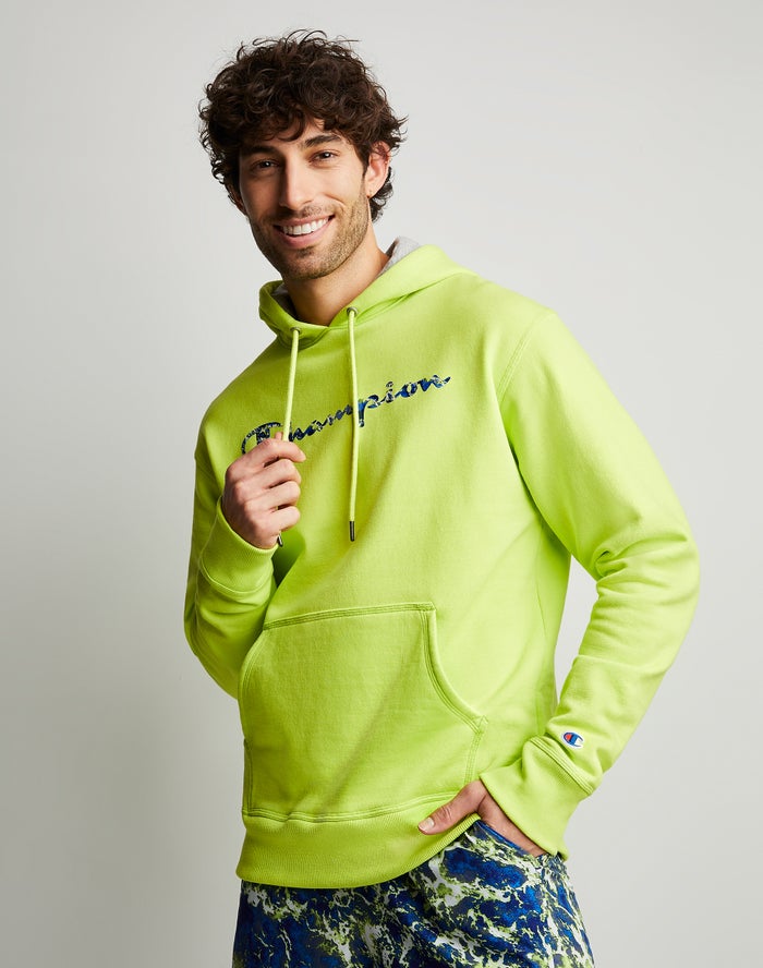 Champion Powerblend Fleece Chasing Waves Erkek Kapşonlu Sweatshirt Yeşil ( TYQRSI318 )